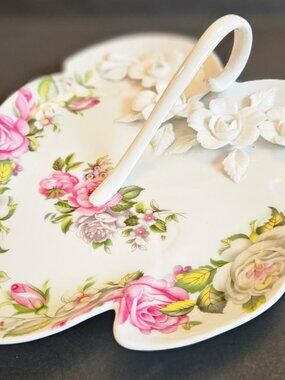 Harmony Rose 1890 antique style leaf-shape trinket dish w pink floral pattern